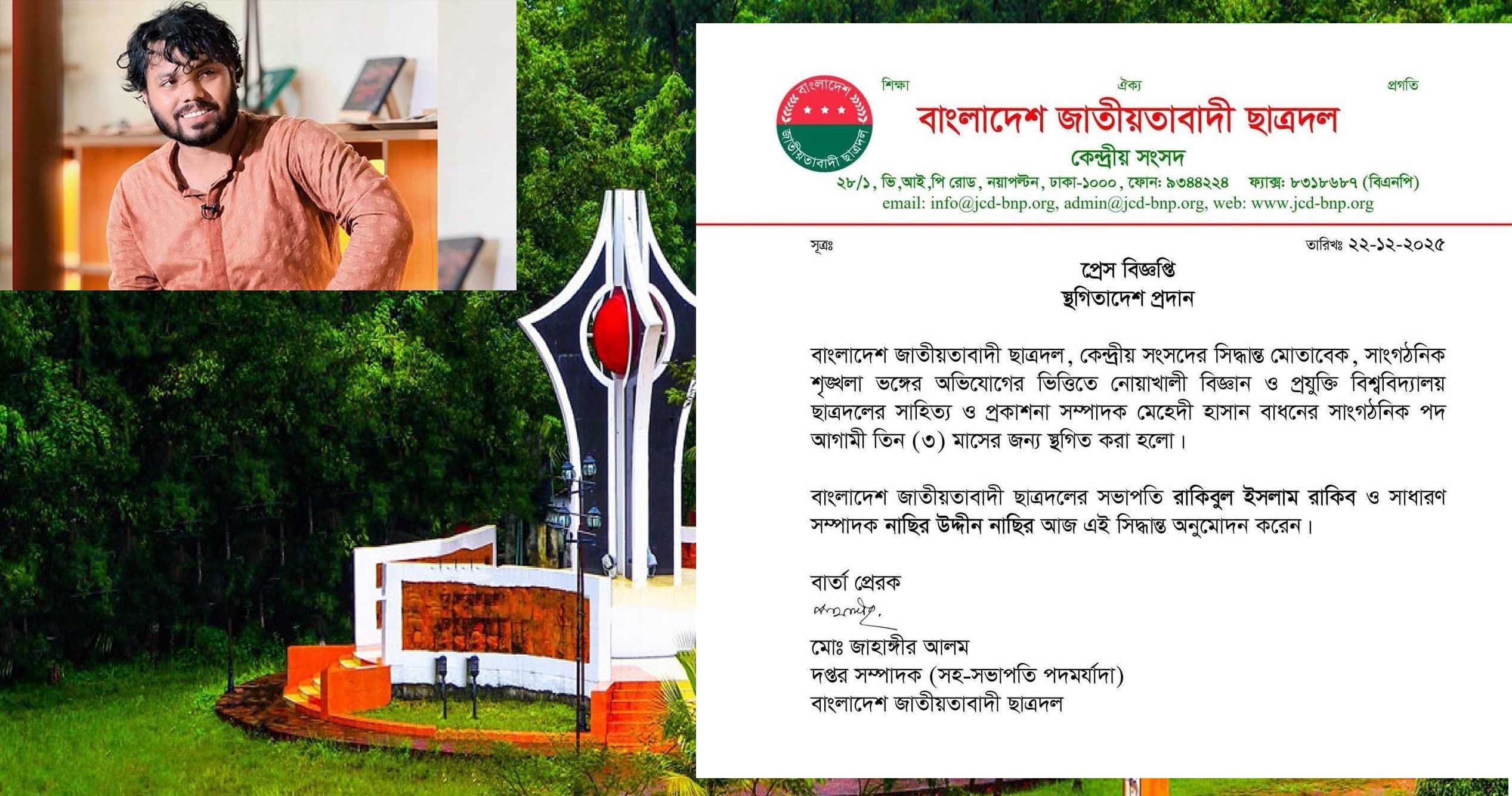 হাদি হত্যার প্রতিবাদে অংশ নেওয়ায় নোবিপ্রবি ছাত্রদল নেতার পদ স্থগিত